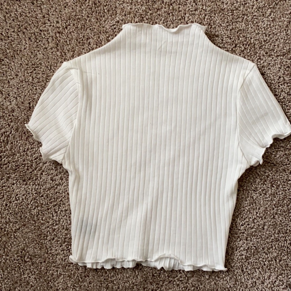 White Ribbed + Ruffle-Edged Mock Neck Top - Picture 2 of 2